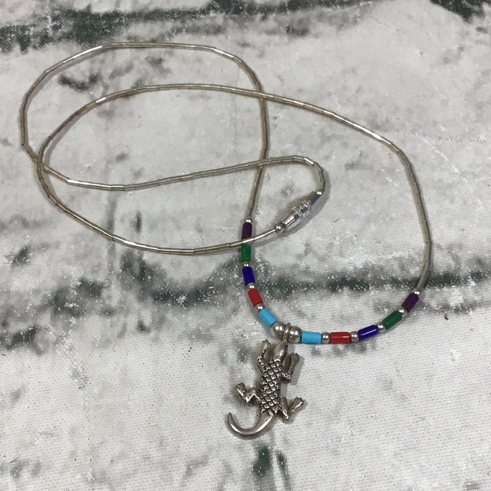 Lizard Charm Gecko Fashion Jewelry Necklace Silver-Tone Beaded Southwest Desert
